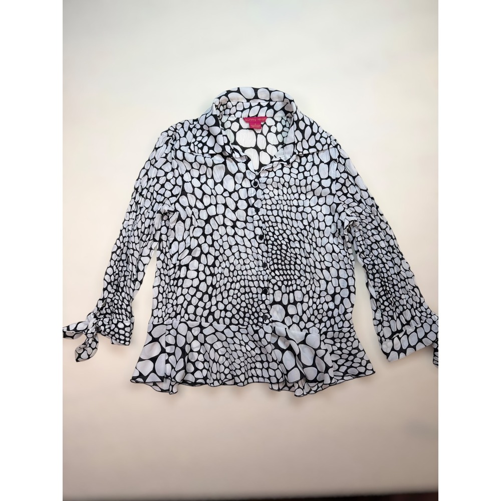 Sunny Leigh Womens Y2K Preppy Pebble Print Crinkle Button Up Blouse Tie Cuffs